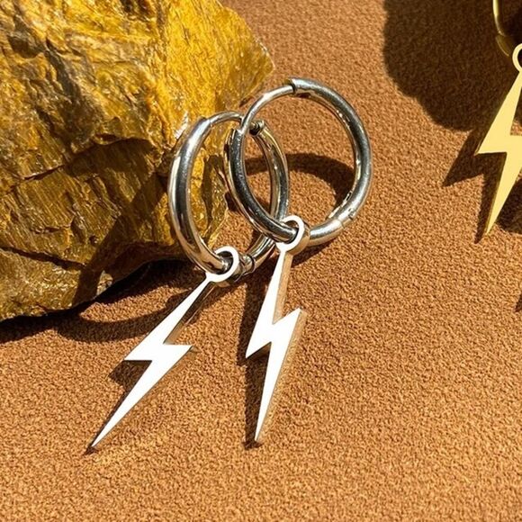 Silver Hoop Lightening Bolt Earring‎ - Picture 2 of 8